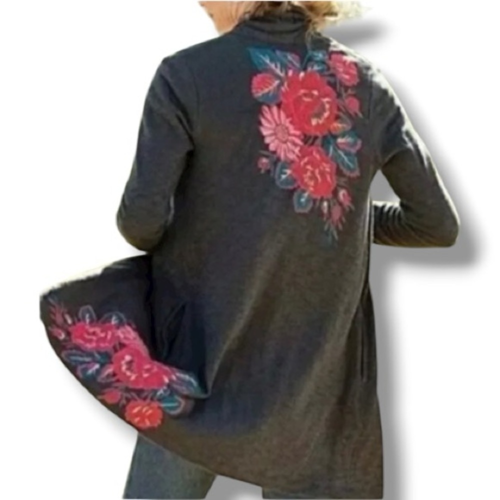 J. Jill Embroidered Slub Knit Charcoal Jacket/Cardi Size Large